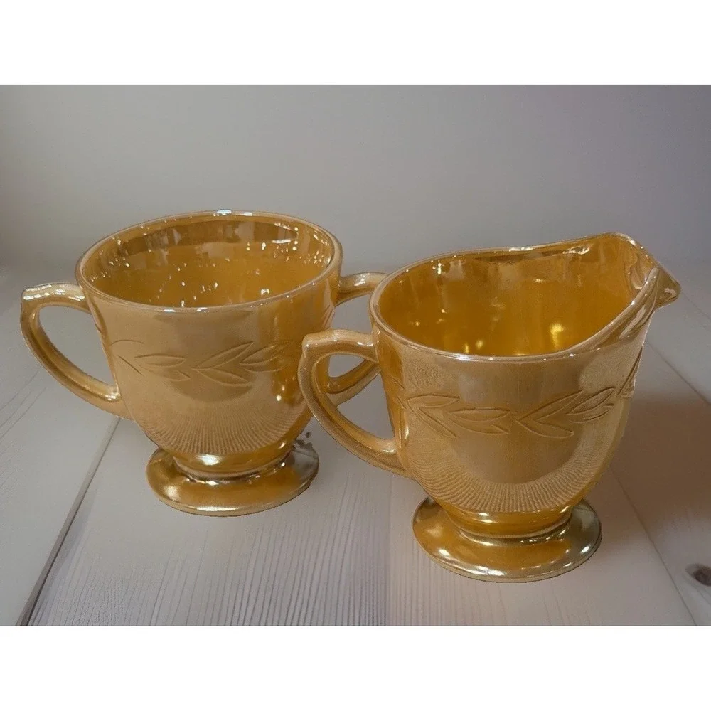Fire King Oven Ware Peach Luster / Laurel Leaf Cream and Sugar Bowl Set Vintage